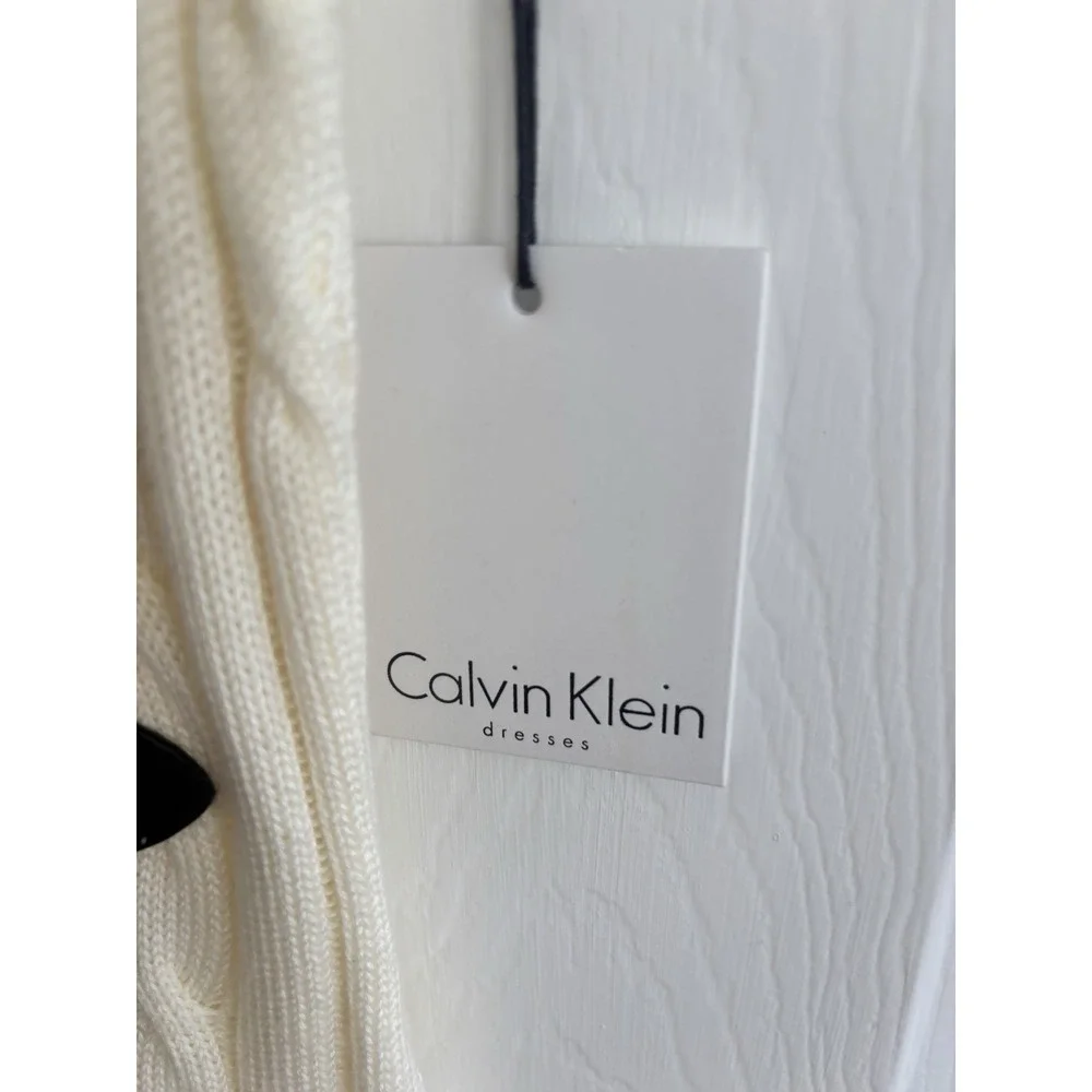Calvin‎ Klein Ivory Sleeveless Cable knit Sweater Dress Large Shawl Collar NEW